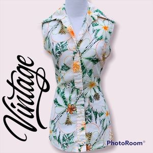 Vintage 70’s? Funky Floral Doodles Sleeveless Collared Button Blouse Size 34